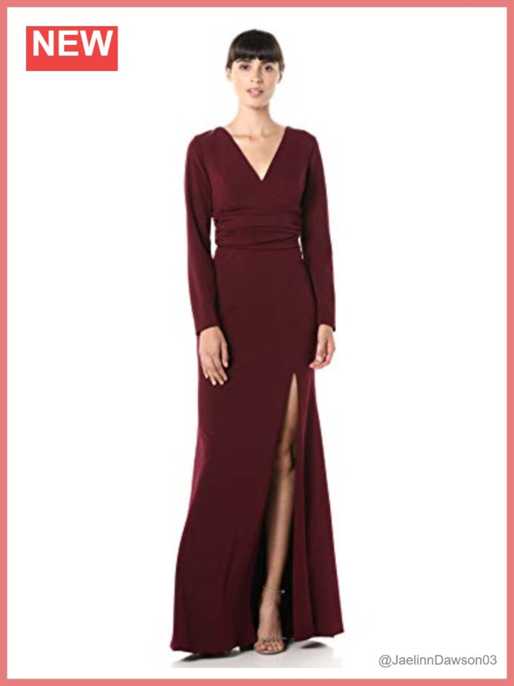 Long Sleeve Stretch Gown Thigh High Slit Shirred Waist
